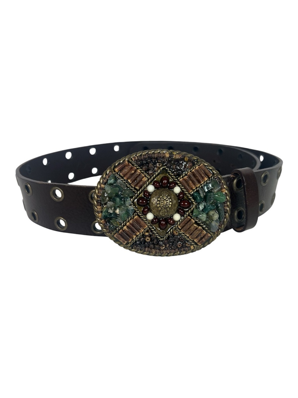 Cabi Sz M Leather Belt Brown Double Grommets Stone/Bead Buckle Vintage
